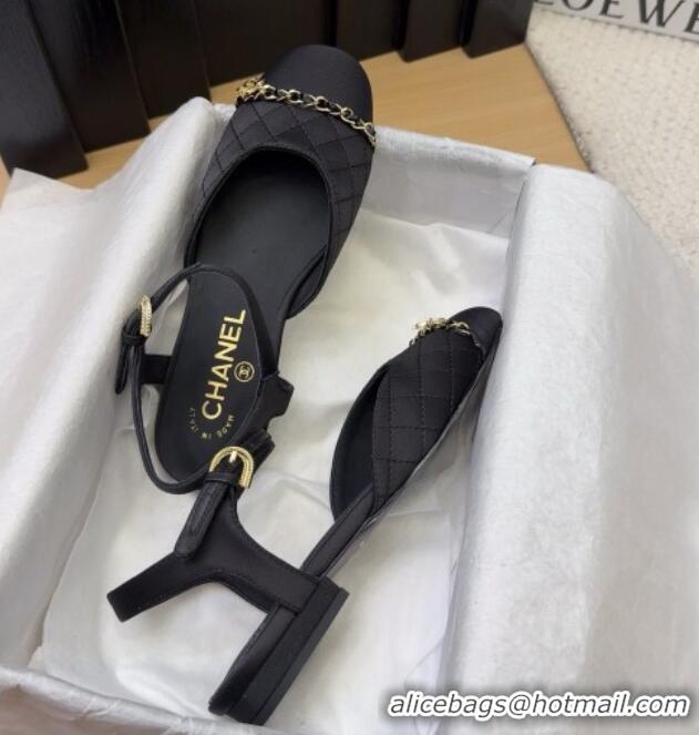 Top Design Chanel Quilted Fabric & Grosgrain Flat Sandals with Chain Black 2025 CH041617