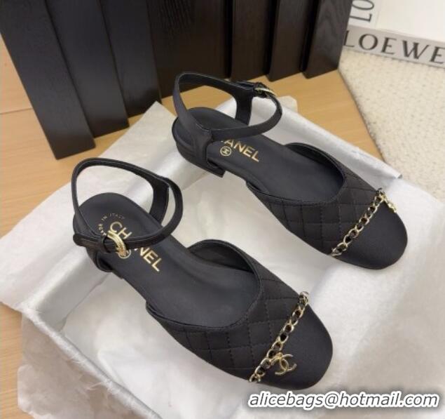 Top Design Chanel Quilted Fabric & Grosgrain Flat Sandals with Chain Black 2025 CH041617