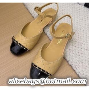 Duplicate Chanel Quilted Calfskin & Patent Flat Sandals with Chain Beige 2025 CH041617