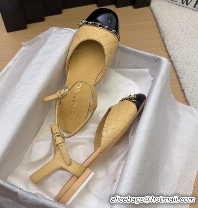 Duplicate Chanel Quilted Calfskin & Patent Flat Sandals with Chain Beige 2025 CH041617