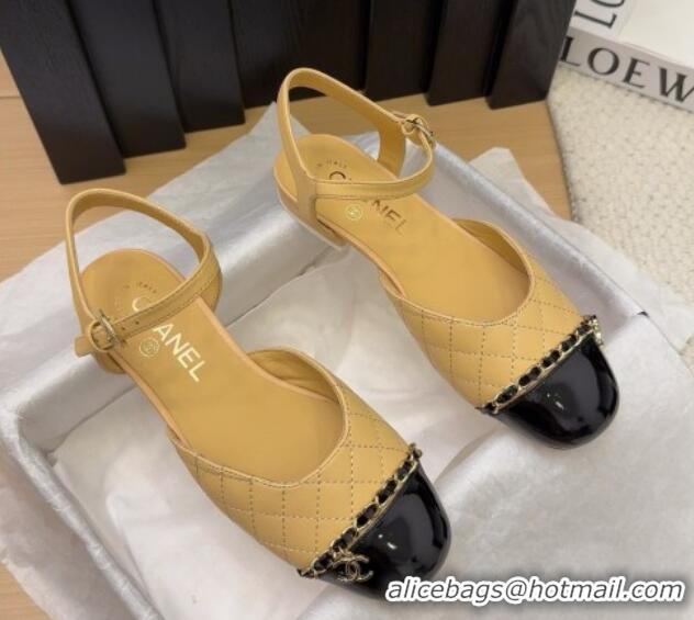 Duplicate Chanel Quilted Calfskin & Patent Flat Sandals with Chain Beige 2025 CH041617