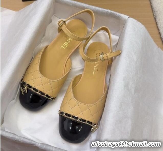 Duplicate Chanel Quilted Calfskin & Patent Flat Sandals with Chain Beige 2025 CH041617
