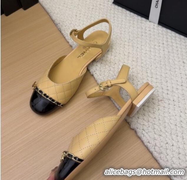 Duplicate Chanel Quilted Calfskin & Patent Flat Sandals with Chain Beige 2025 CH041617