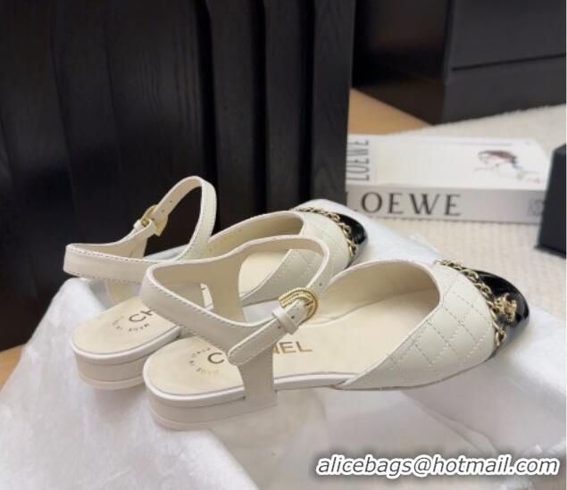 Unique Style Chanel Quilted Calfskin & Patent Flat Sandals with Chain White 2025 CH041617