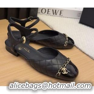 Good Product Chanel Quilted Calfskin & Patent Flat Sandals with Chain Black 2025 CH041617