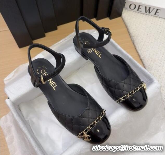 Good Product Chanel Quilted Calfskin & Patent Flat Sandals with Chain Black 2025 CH041617