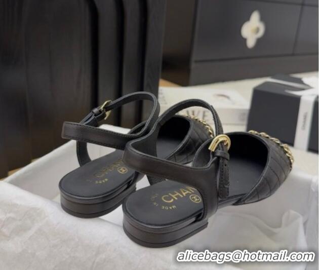Good Product Chanel Quilted Calfskin & Patent Flat Sandals with Chain Black 2025 CH041617