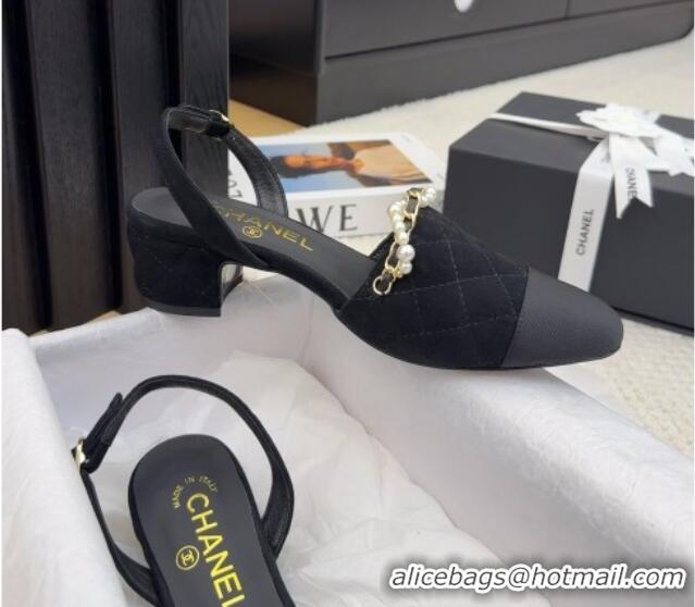 Good Looking Chanel Suede Slingback Pumps with Chain and Pearls Black 2025 CH041618