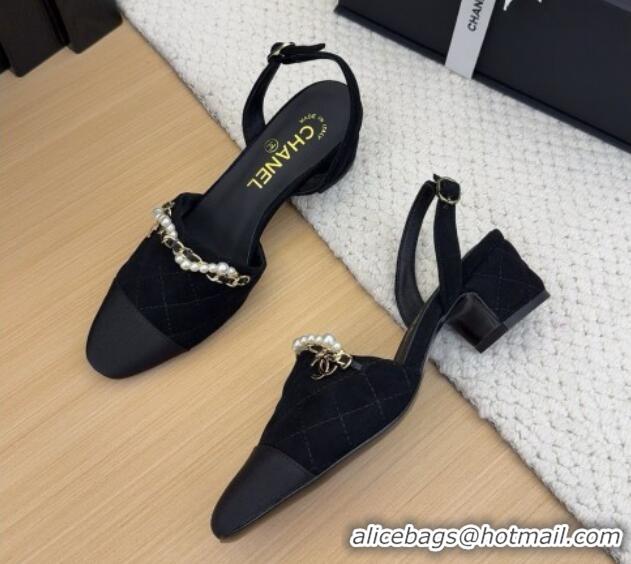 Good Looking Chanel Suede Slingback Pumps with Chain and Pearls Black 2025 CH041618
