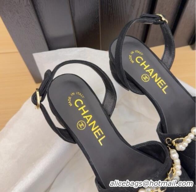 Good Looking Chanel Suede Slingback Pumps with Chain and Pearls Black 2025 CH041618