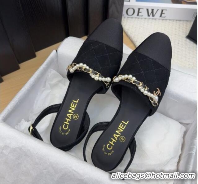 Good Looking Chanel Suede Slingback Pumps with Chain and Pearls Black 2025 CH041618