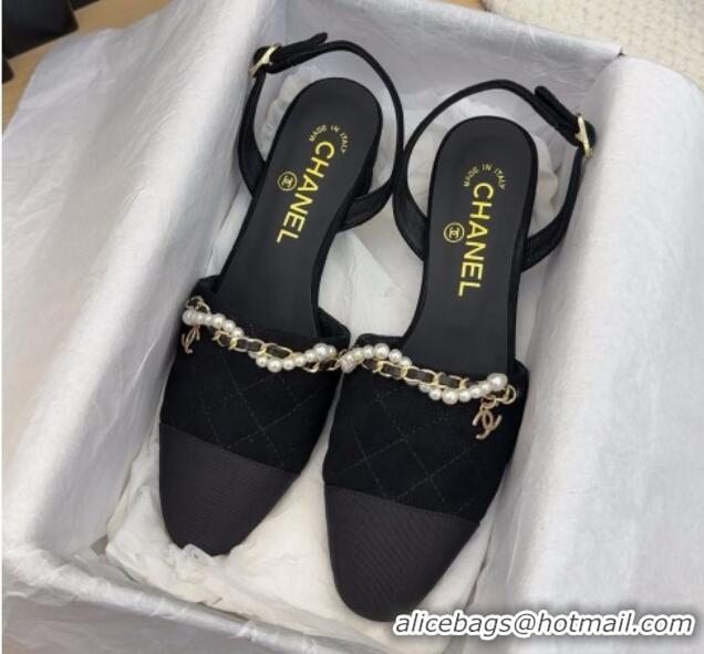 Good Looking Chanel Suede Slingback Pumps with Chain and Pearls Black 2025 CH041618
