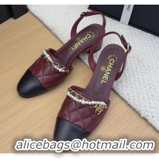 Popular Style Chanel Lambskin Slingback Pumps with Chain and Pearls Burgundy 2025 CH041618