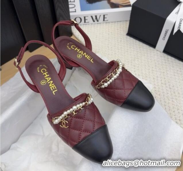 Popular Style Chanel Lambskin Slingback Pumps with Chain and Pearls Burgundy 2025 CH041618