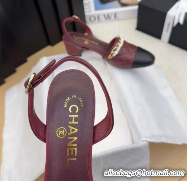 Popular Style Chanel Lambskin Slingback Pumps with Chain and Pearls Burgundy 2025 CH041618