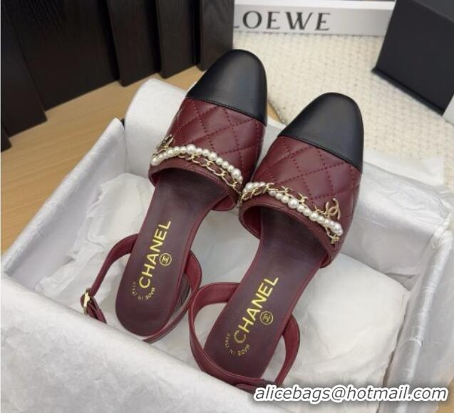 Popular Style Chanel Lambskin Slingback Pumps with Chain and Pearls Burgundy 2025 CH041618