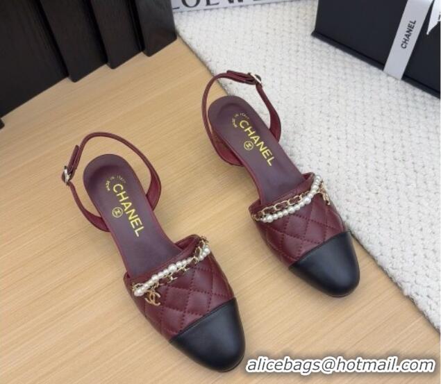 Popular Style Chanel Lambskin Slingback Pumps with Chain and Pearls Burgundy 2025 CH041618