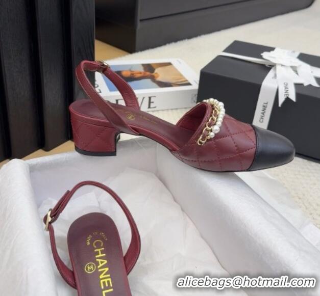 Popular Style Chanel Lambskin Slingback Pumps with Chain and Pearls Burgundy 2025 CH041618