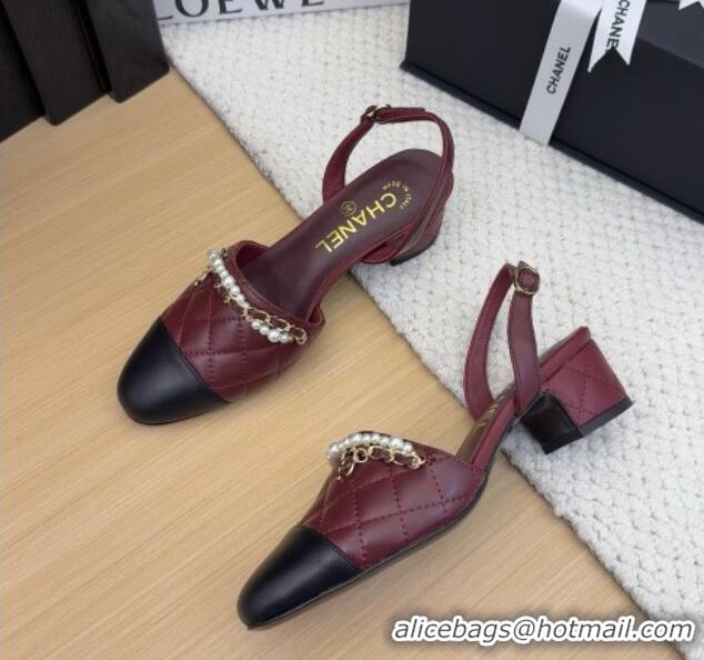 Popular Style Chanel Lambskin Slingback Pumps with Chain and Pearls Burgundy 2025 CH041618