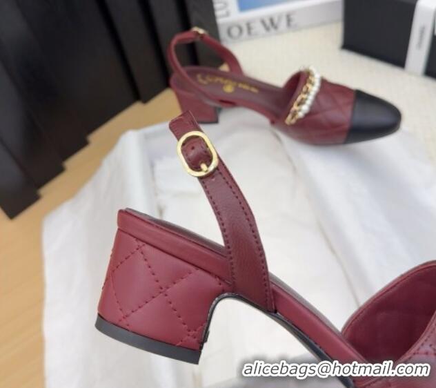 Popular Style Chanel Lambskin Slingback Pumps with Chain and Pearls Burgundy 2025 CH041618