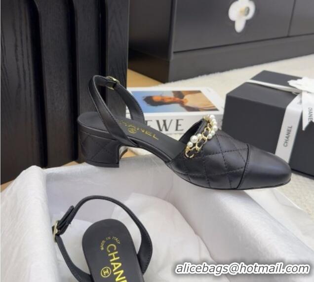 Best Product Chanel Lambskin Slingback Pumps with Chain and Pearls Black 2025 CH041618