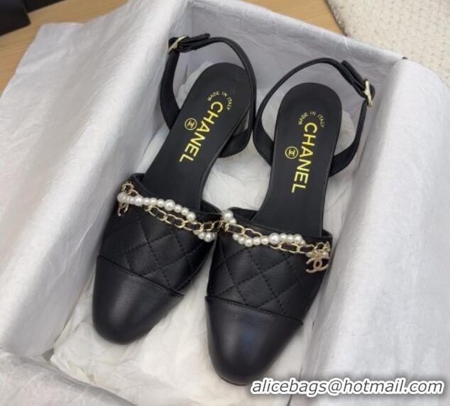 Best Product Chanel Lambskin Slingback Pumps with Chain and Pearls Black 2025 CH041618