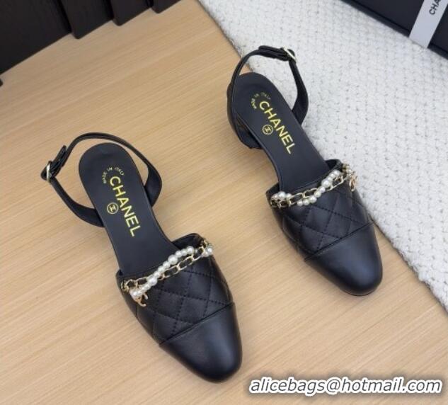 Best Product Chanel Lambskin Slingback Pumps with Chain and Pearls Black 2025 CH041618
