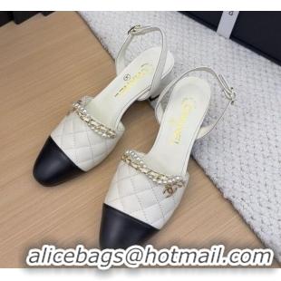 Low Cost Chanel Lambskin Slingback Pumps with Chain and Pearls White 2025 CH041618