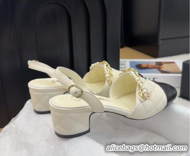 Low Cost Chanel Lambskin Slingback Pumps with Chain and Pearls White 2025 CH041618