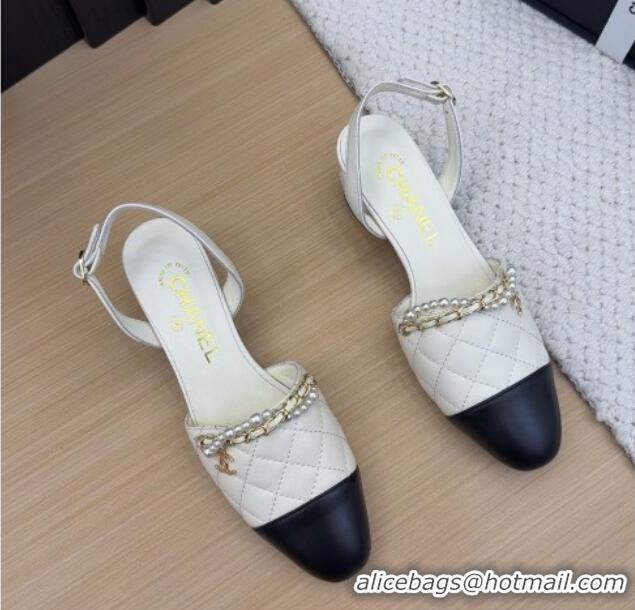 Low Cost Chanel Lambskin Slingback Pumps with Chain and Pearls White 2025 CH041618