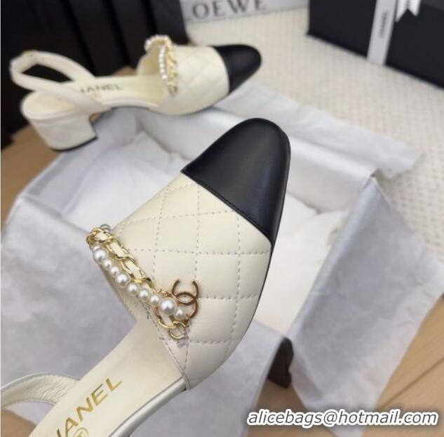 Low Cost Chanel Lambskin Slingback Pumps with Chain and Pearls White 2025 CH041618