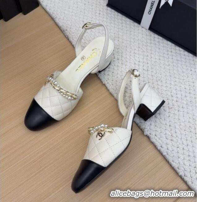 Low Cost Chanel Lambskin Slingback Pumps with Chain and Pearls White 2025 CH041618