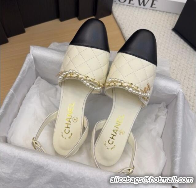 Low Cost Chanel Lambskin Slingback Pumps with Chain and Pearls White 2025 CH041618