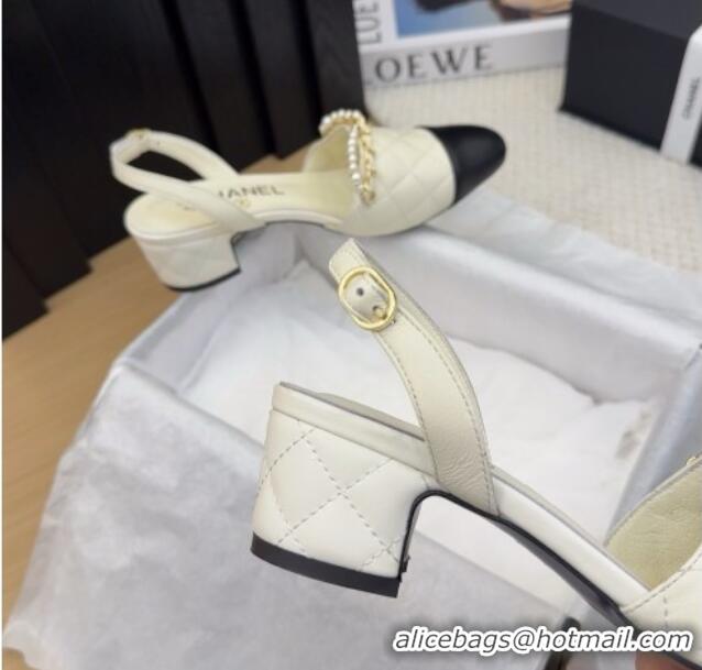 Low Cost Chanel Lambskin Slingback Pumps with Chain and Pearls White 2025 CH041618