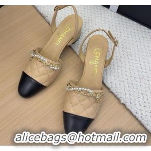 Luxurious Chanel Lambskin Slingback Pumps with Chain and Pearls Beige 2025 CH041618