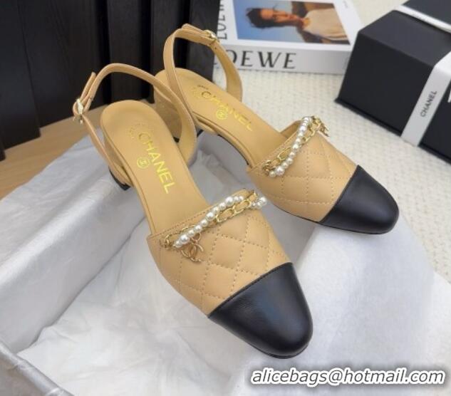 Luxurious Chanel Lambskin Slingback Pumps with Chain and Pearls Beige 2025 CH041618