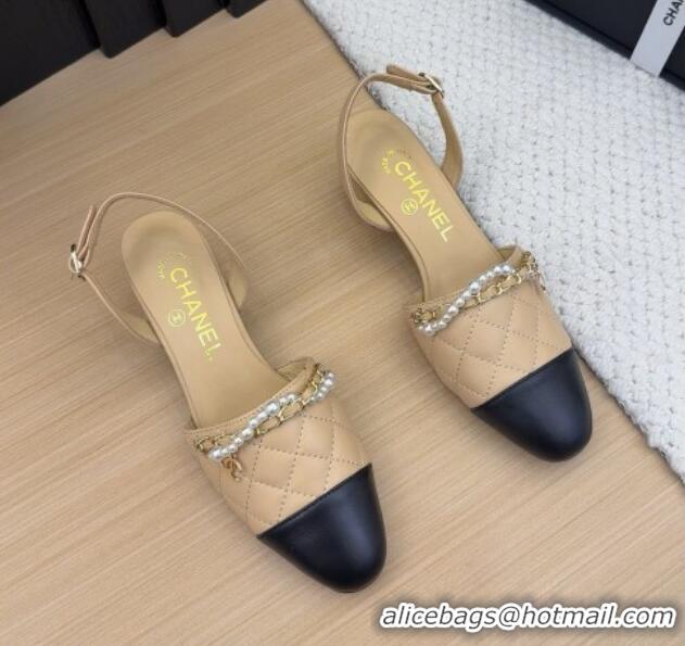 Luxurious Chanel Lambskin Slingback Pumps with Chain and Pearls Beige 2025 CH041618