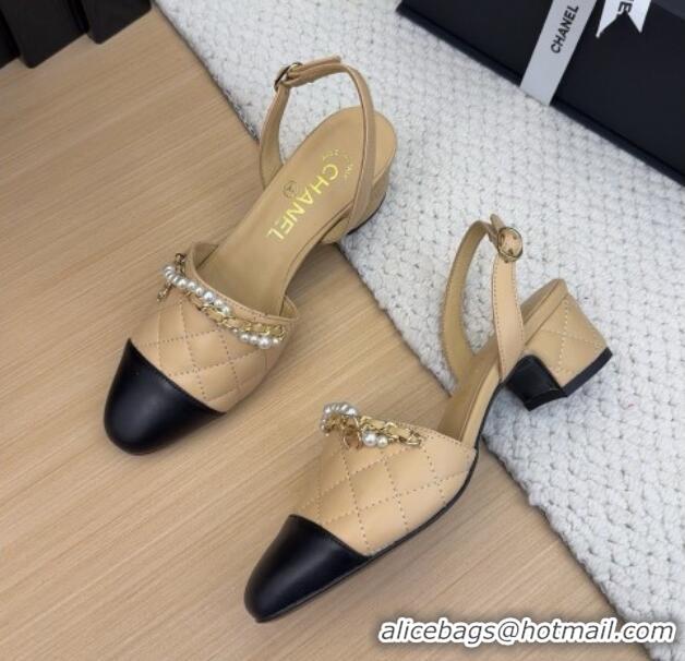 Luxurious Chanel Lambskin Slingback Pumps with Chain and Pearls Beige 2025 CH041618