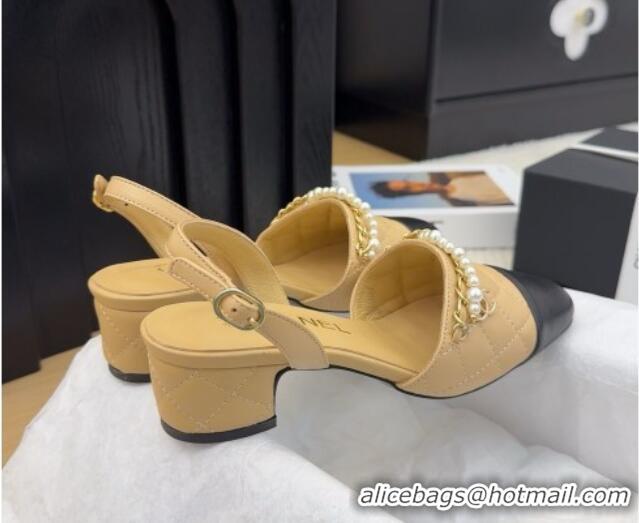 Luxurious Chanel Lambskin Slingback Pumps with Chain and Pearls Beige 2025 CH041618