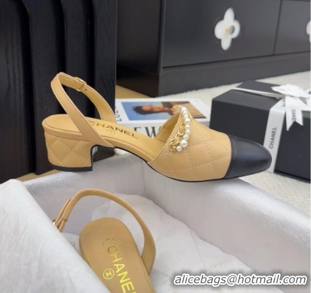 Luxurious Chanel Lambskin Slingback Pumps with Chain and Pearls Beige 2025 CH041618
