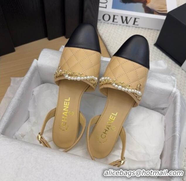 Luxurious Chanel Lambskin Slingback Pumps with Chain and Pearls Beige 2025 CH041618
