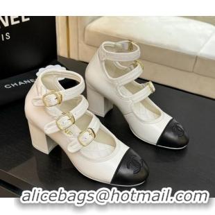 Most Popular Chanel Calfskin Leather Mary Janes Pumps 7cm with Triple Buckle White/Black 2025 G46477