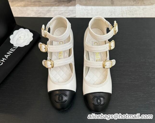 Most Popular Chanel Calfskin Leather Mary Janes Pumps 7cm with Triple Buckle White/Black 2025 G46477