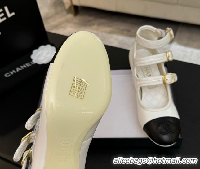 Most Popular Chanel Calfskin Leather Mary Janes Pumps 7cm with Triple Buckle White/Black 2025 G46477