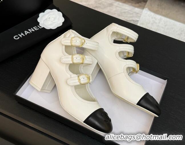 Most Popular Chanel Calfskin Leather Mary Janes Pumps 7cm with Triple Buckle White/Black 2025 G46477