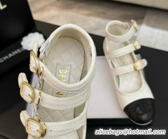 Most Popular Chanel Calfskin Leather Mary Janes Pumps 7cm with Triple Buckle White/Black 2025 G46477
