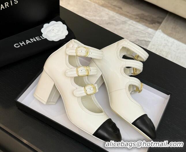 Most Popular Chanel Calfskin Leather Mary Janes Pumps 7cm with Triple Buckle White/Black 2025 G46477