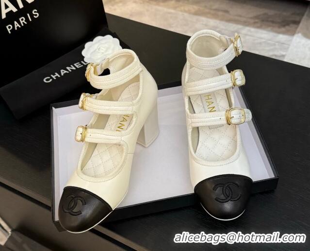 Most Popular Chanel Calfskin Leather Mary Janes Pumps 7cm with Triple Buckle White/Black 2025 G46477