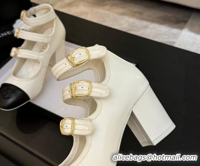 Most Popular Chanel Calfskin Leather Mary Janes Pumps 7cm with Triple Buckle White/Black 2025 G46477