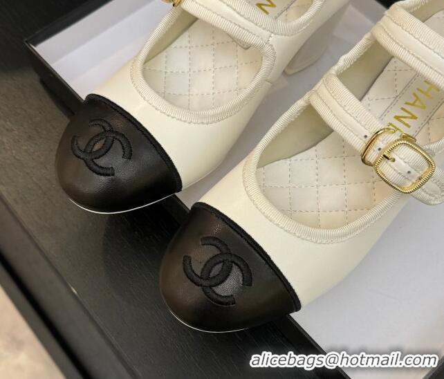 Most Popular Chanel Calfskin Leather Mary Janes Pumps 7cm with Triple Buckle White/Black 2025 G46477